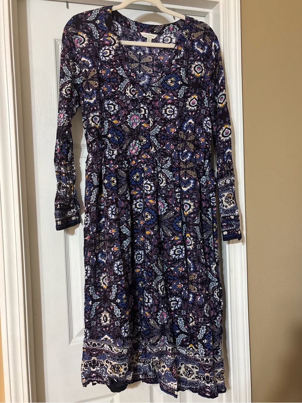 Lucky Brand Navy and Purple Paisley V-Neck Long Sleeve Dress